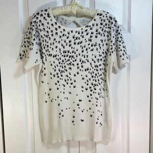Reitmans Cream and Black Bird Print Short Sleeve Knit Sweater, L